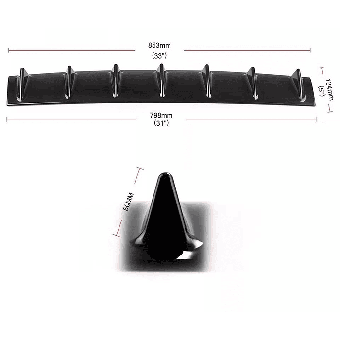 Difusor de parachoques trasero de autos universal de 7 aletas de tiburón plástico negro brillante medida 85.3cm * 15.2cm 6