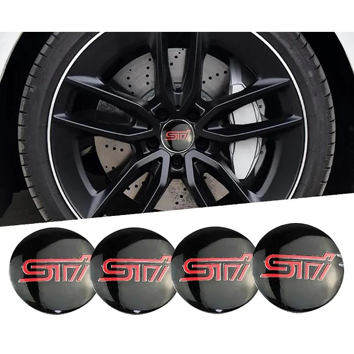 Set X4 Tapa centro de Llantas de autos universal STI NEGRO CON ROJO 1