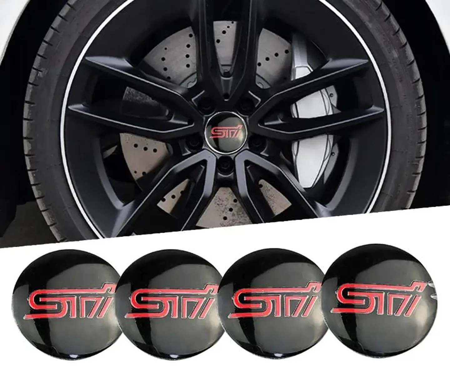 Set X4 Tapa centro de Llantas de autos universal STI NEGRO CON ROJO 1