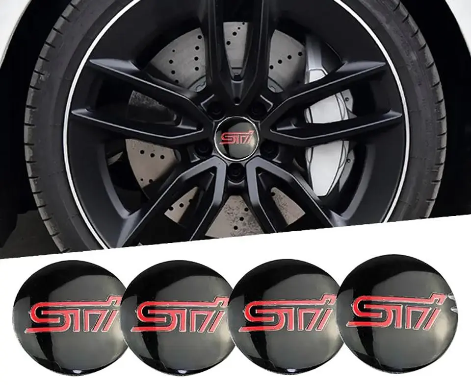 Set X4 Tapa centro de Llantas de autos universal STI NEGRO CON ROJO 1