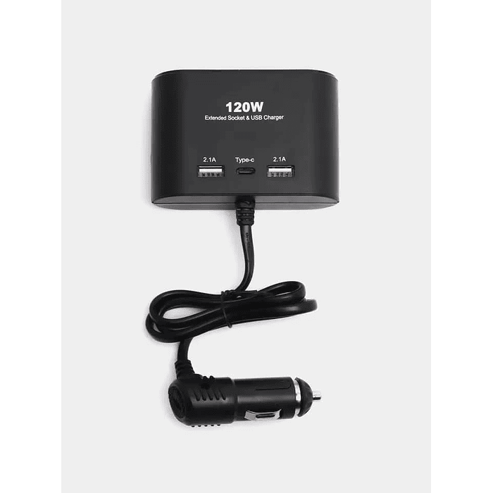 Adaptador Splitter Multienchufe con 3 Tomas de Corriente tipo cenicero y 2 puertos USB más 1 puerto tipo C de 2.1 amperes 5V para autos 12v y 24v 120watt  4