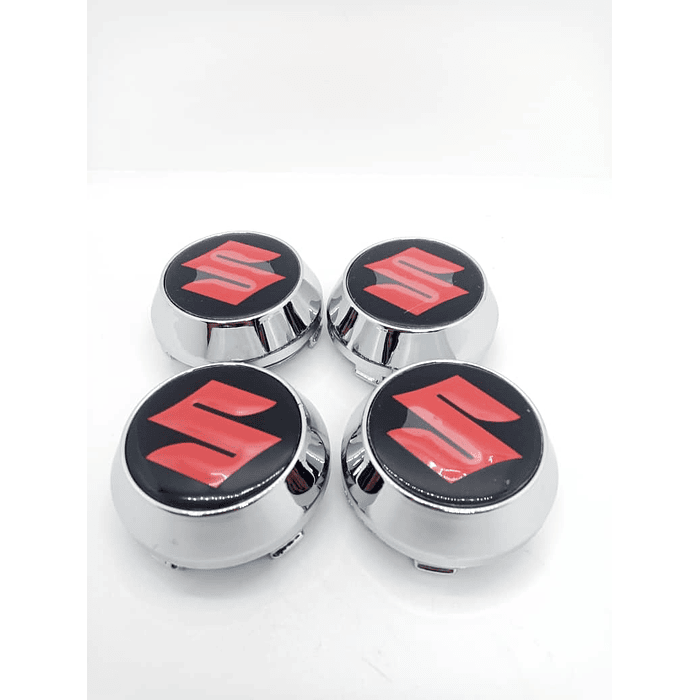 X4 Tapa centro de llantas de auto tunning conica Medidas disponibles 58mm interior X 60mm exterior marca SUZUKI Negro logo ROJO 4