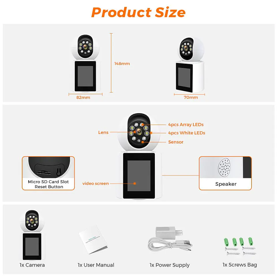 Camara de Seguridad wifi 360, con pantalla video llamadas 12