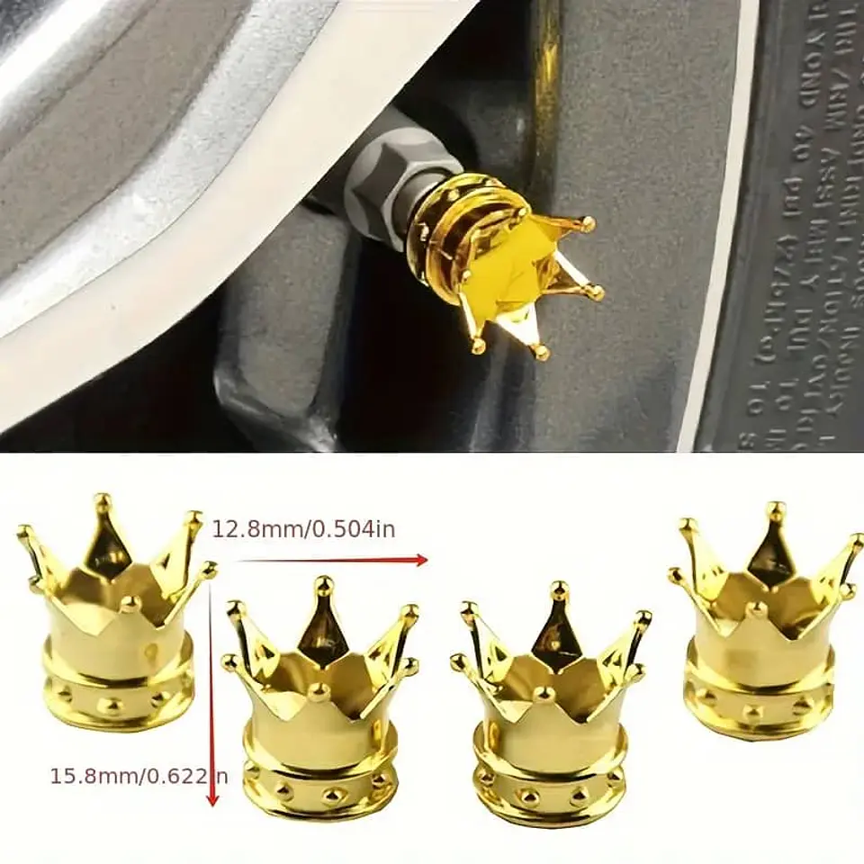 Set 4 Tapas de válvulas universal diseño corona color DORADO 11
