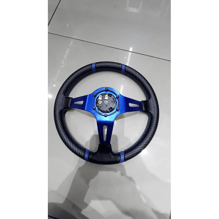 Volante de auto universal Tunning deportivo marca Sparco con botón de bocina medida 35cm diámetro externo diseño carbono centro azul doble línea azul trenzado azul 2