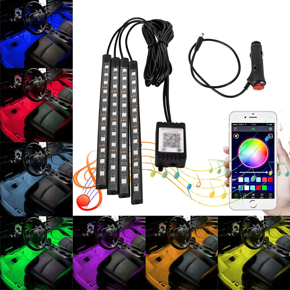 4 Tiras led de atmosfera interior de autos rgb tunning, 12 led 8 24