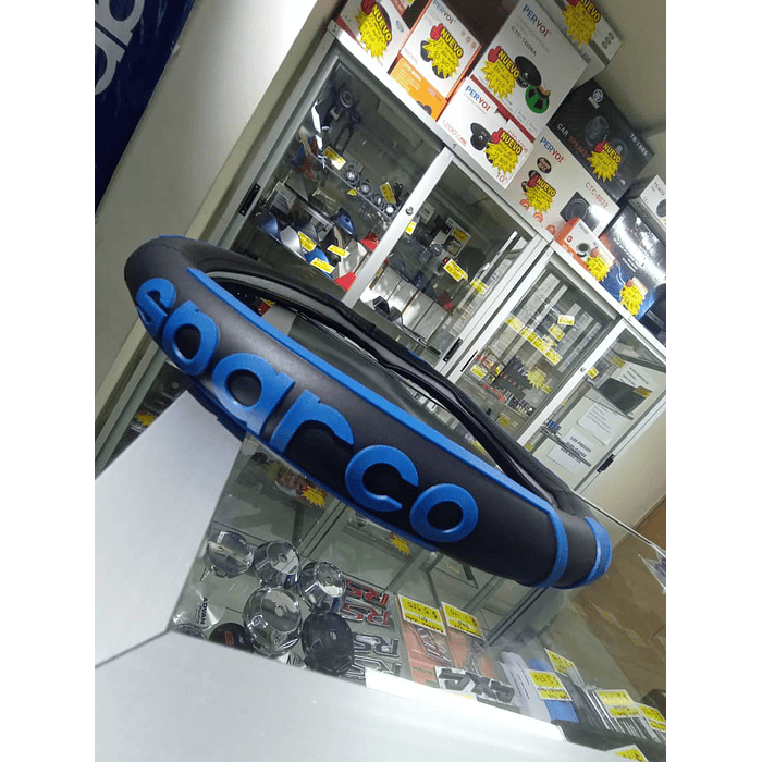 Forro cubre volantes autos goma 38cm Sparco negro letra azul grande 3