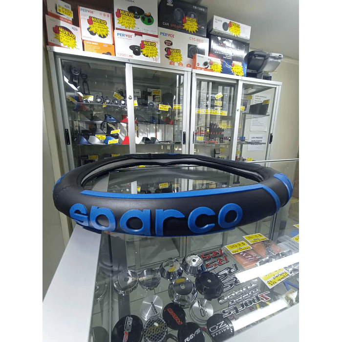 Forro cubre volantes autos goma 38cm Sparco negro letra azul grande 6