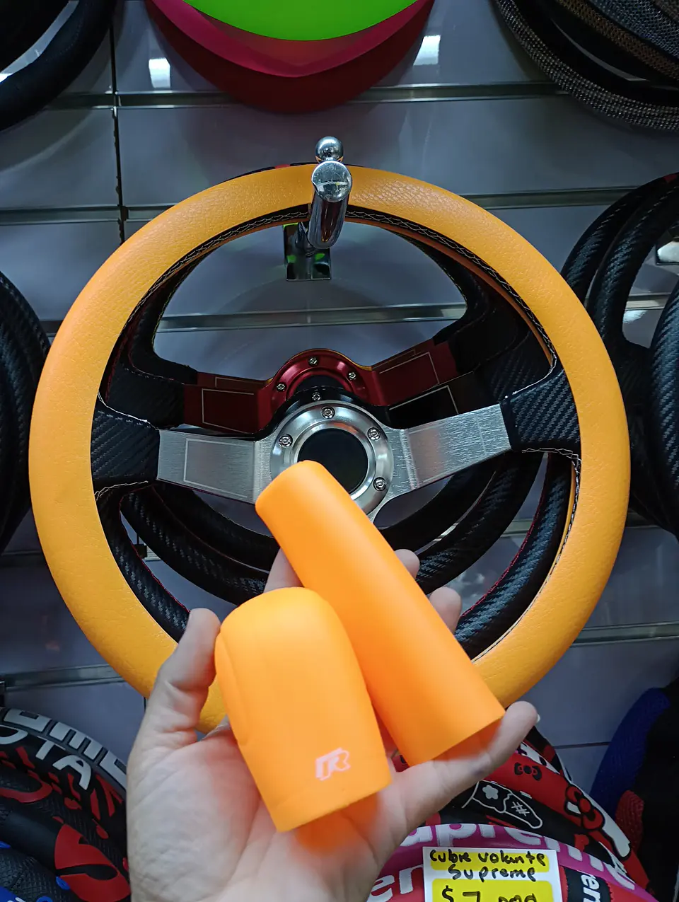 Set 3 piezas, funda cubre Volante, Perilla de cambios y funda NARANJA 2