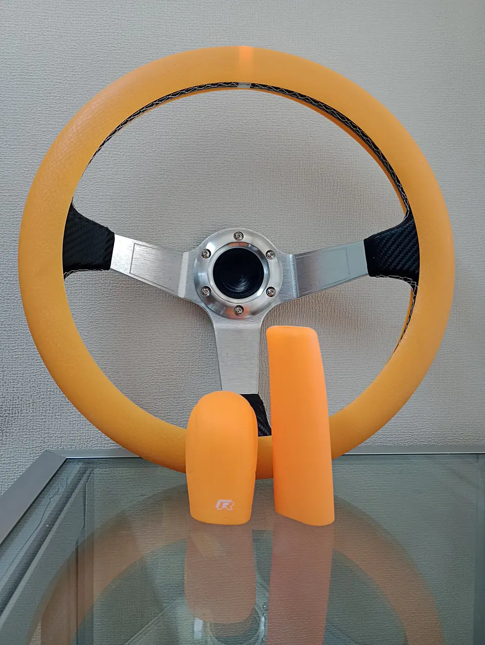 Set 3 piezas, funda cubre Volante, Perilla de cambios y funda NARANJA 5