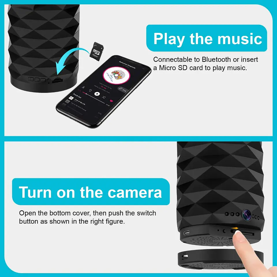 Exclusiva Parlante Altavoz Bluetooth con Mini Cámara HD 1080p – 9