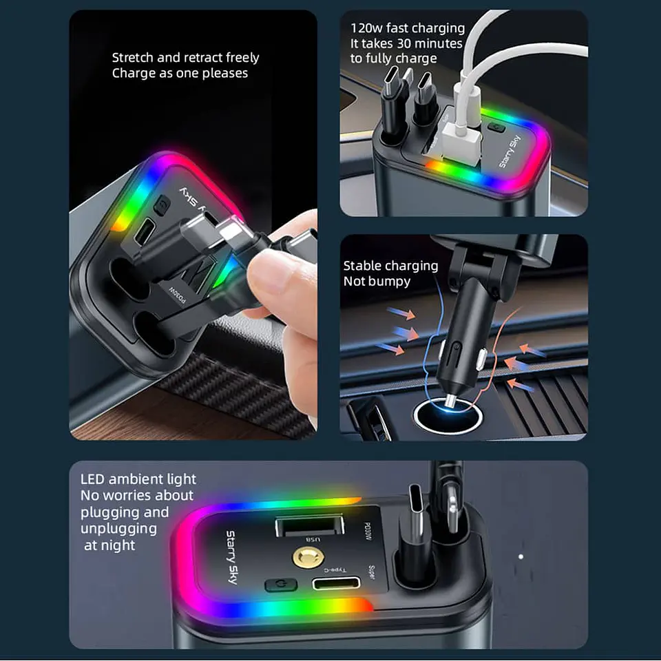 Cargador Retráctil 5 en 1 para Autos 180w con Lámpara de cielo 9