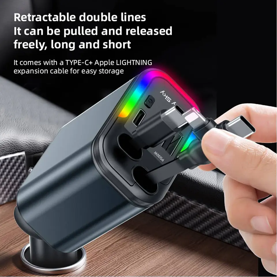 Cargador Retráctil 5 en 1 para Autos 180w con Lámpara de cielo 11