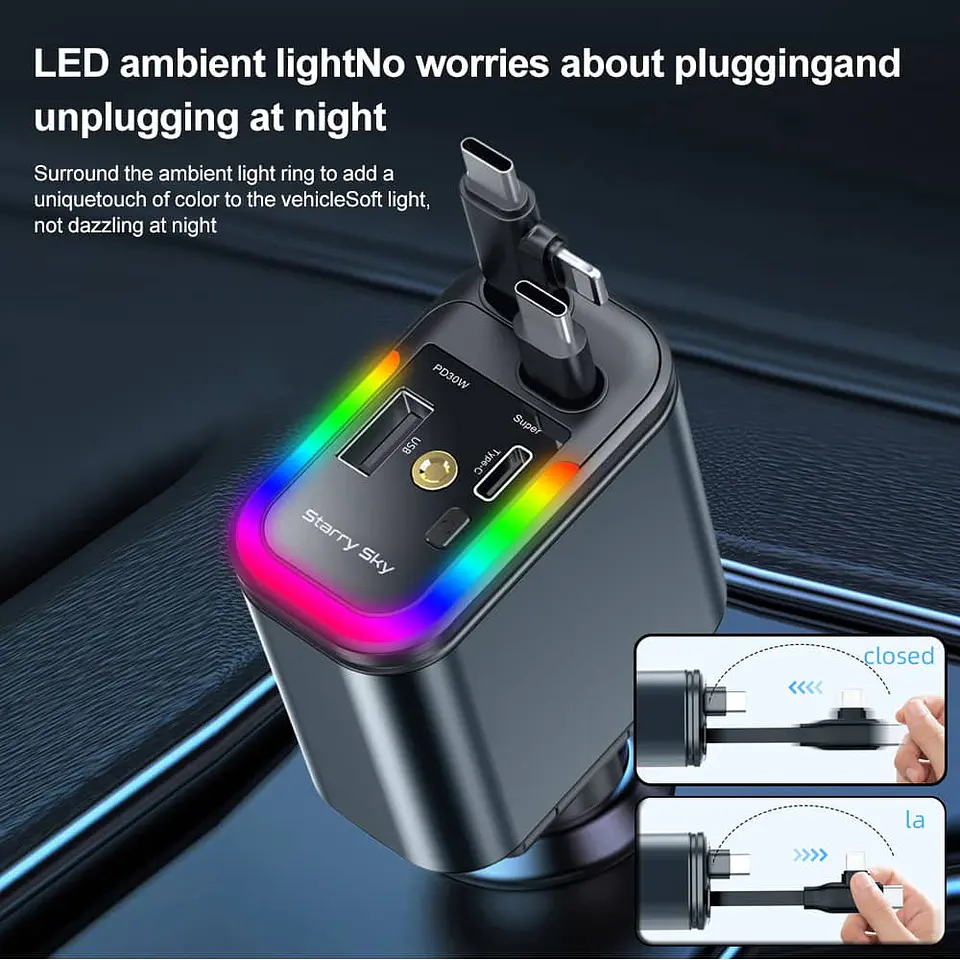 Cargador Retráctil 5 en 1 para Autos 180w con Lámpara de cielo 13