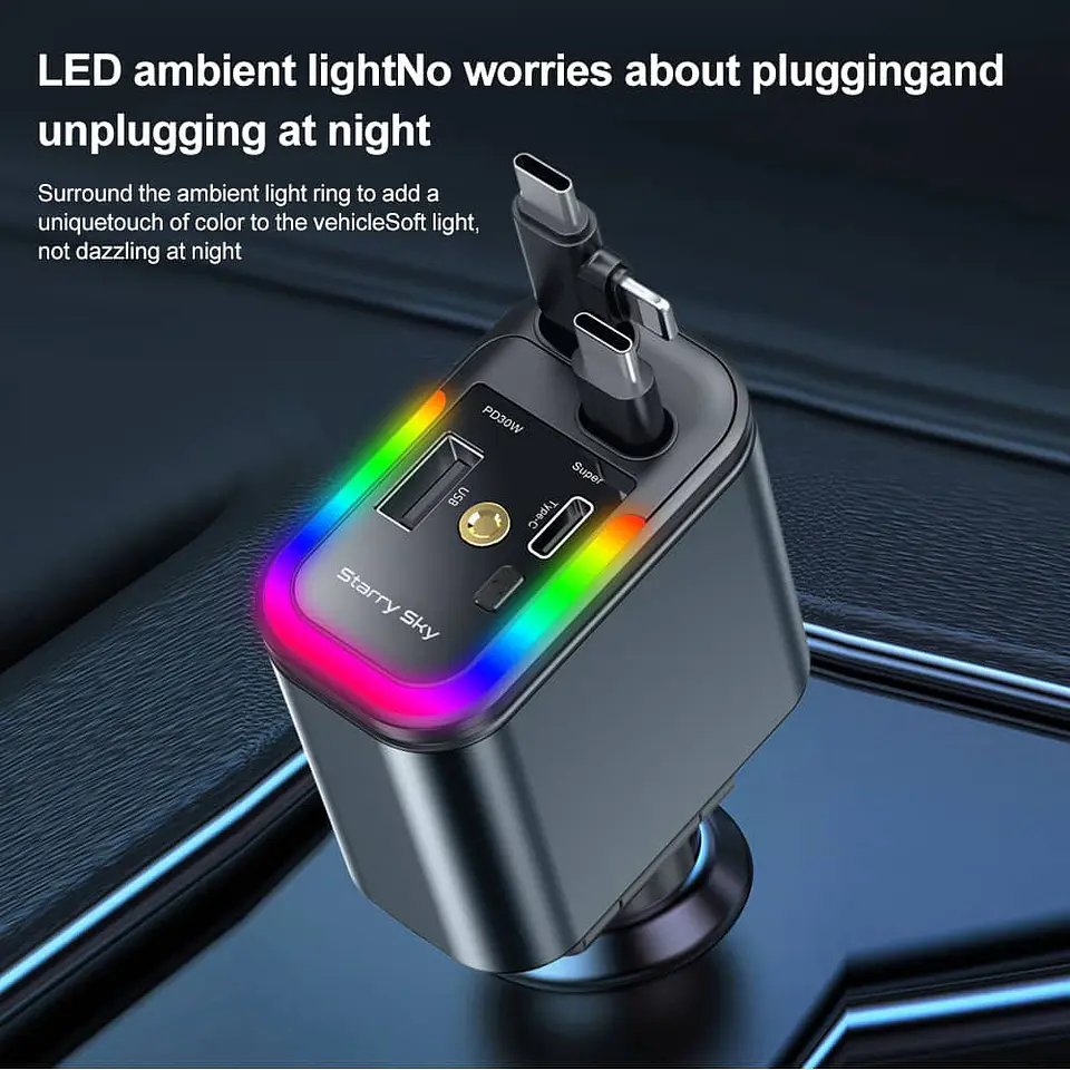 Cargador Retráctil 5 en 1 para Autos 180w con Lámpara de cielo 15