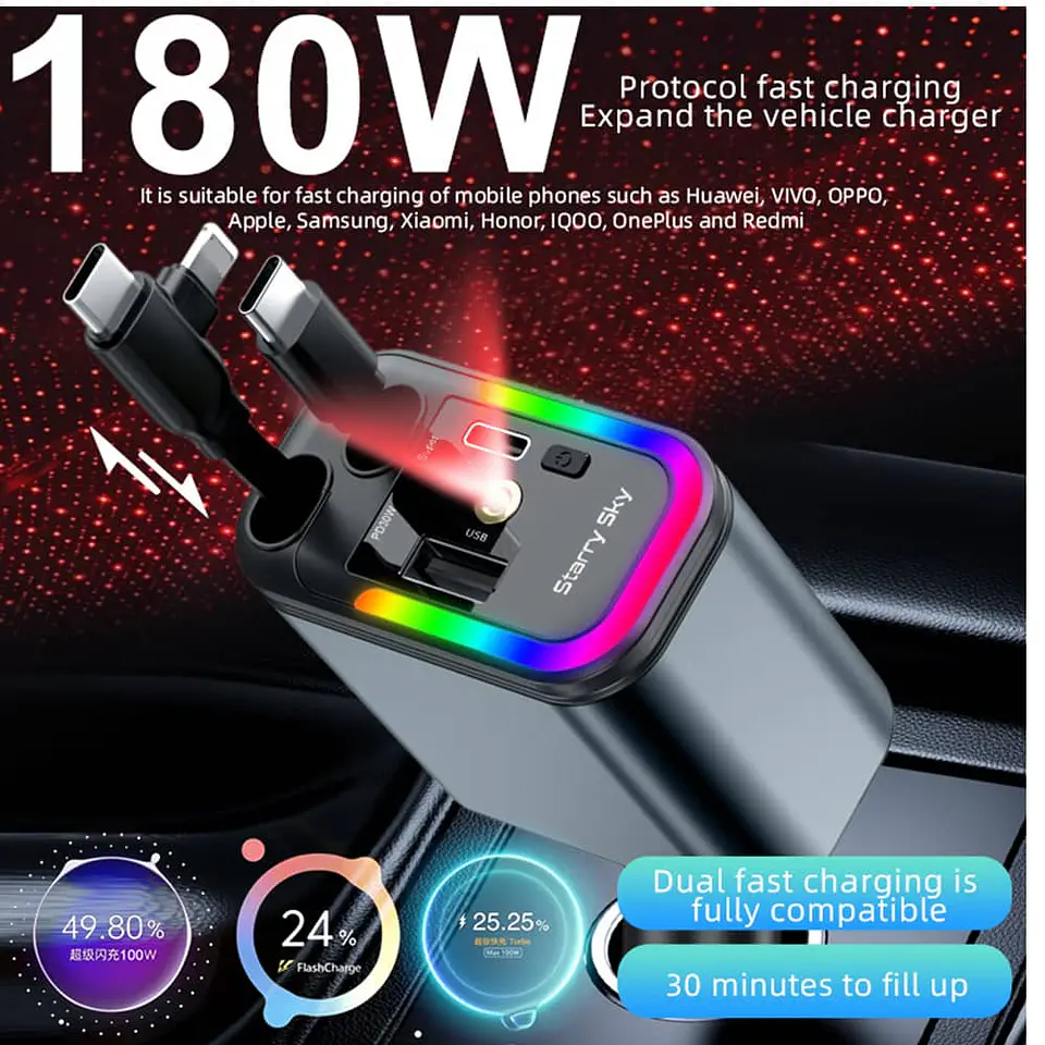Cargador Retráctil 5 en 1 para Autos 180w con Lámpara de cielo 1