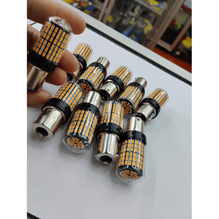 X10 unidades de ampolletas LED para reversa de autos P21W 1156 pata pareja 1 contacto anti hiperflas 12v 2100 lúmenes color ámbar alto brillo  💰precio: 25000 pesos 1