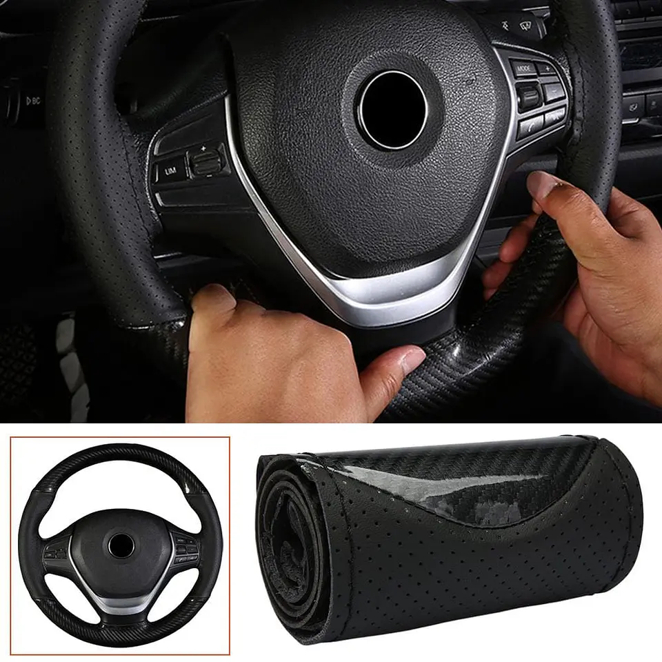 Forro volante cosido hilo negro cuero carbono brillante 7