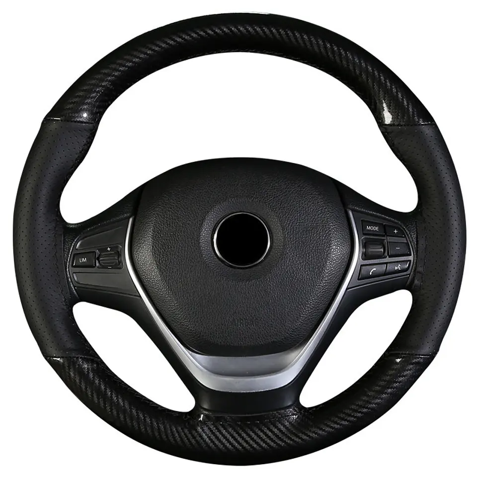Forro volante cosido hilo negro cuero carbono brillante 14