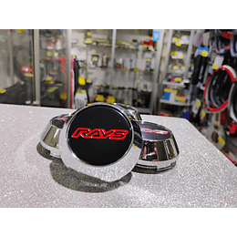  X4 Tapa centro de llantas de auto tunning conica Medida 58mm interior X 60mm exterior marca rays negro letra roja 