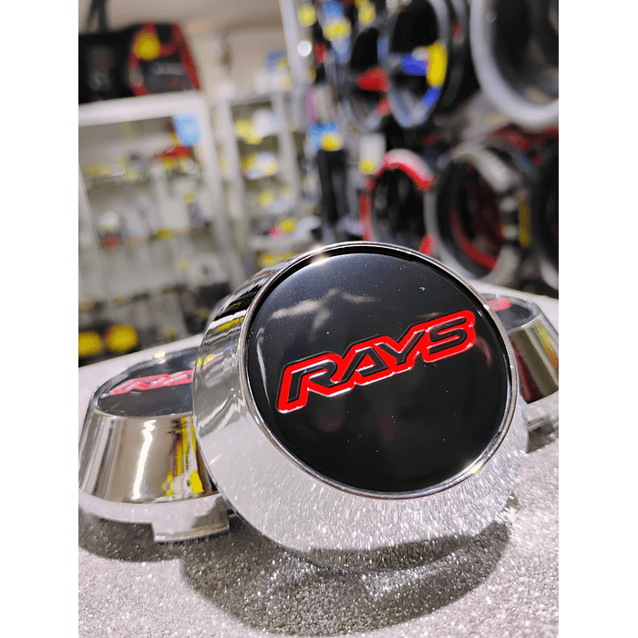  X4 Tapa centro de llantas de auto tunning conica Medida 58mm interior X 60mm exterior marca rays negro letra roja  2