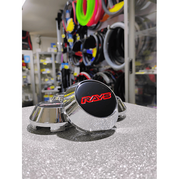  X4 Tapa centro de llantas de auto tunning conica Medida 58mm interior X 60mm exterior marca rays negro letra roja  3