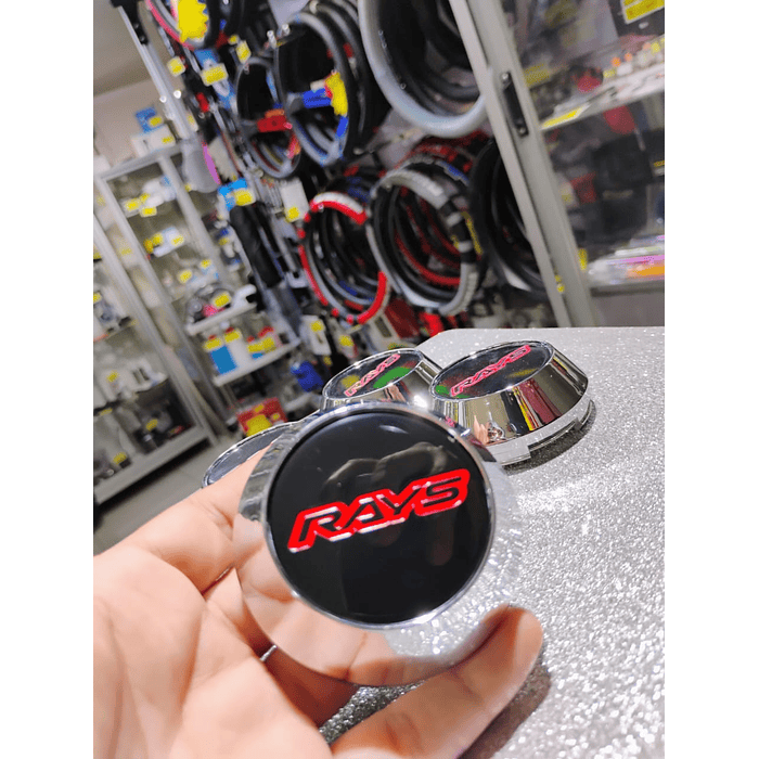  X4 Tapa centro de llantas de auto tunning conica Medida 58mm interior X 60mm exterior marca rays negro letra roja  4