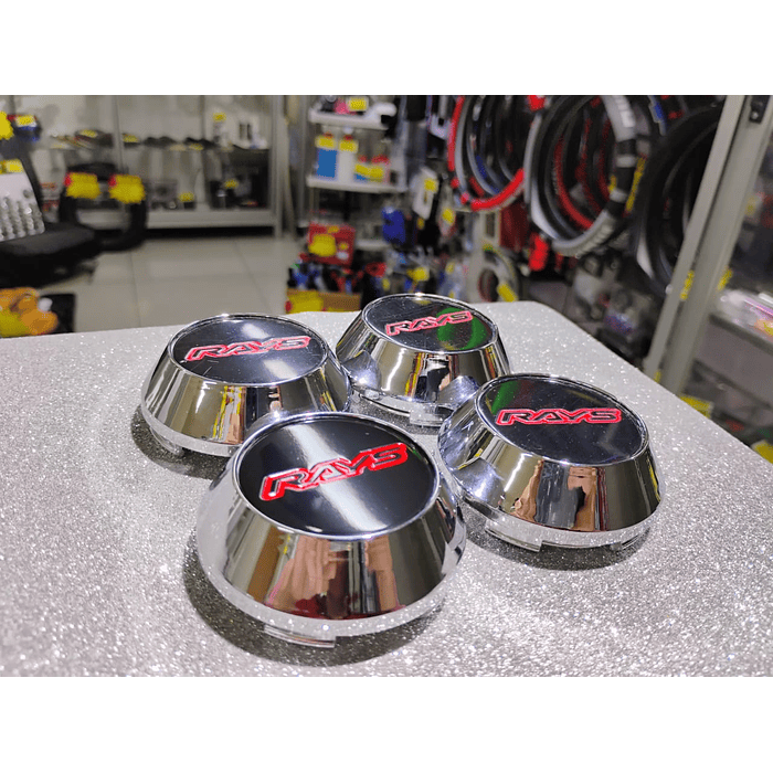  X4 Tapa centro de llantas de auto tunning conica Medida 58mm interior X 60mm exterior marca rays negro letra roja  6