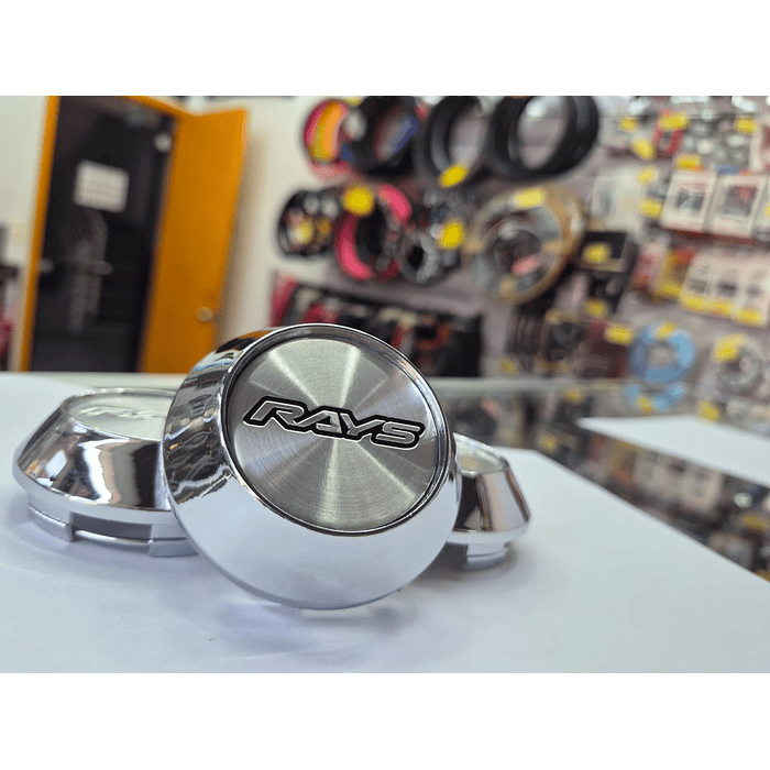 X4 Tapa centro de llantas de auto tunning conica Medida 58mm interior X 60mm exterior marca rays plata letra negra 2