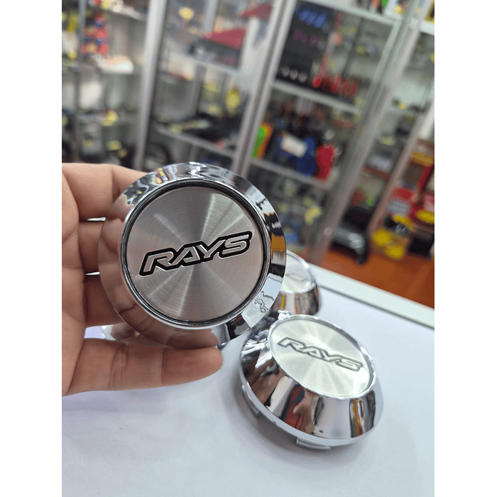 X4 Tapa centro de llantas de auto tunning conica Medida 58mm interior X 60mm exterior marca rays plata letra negra 3