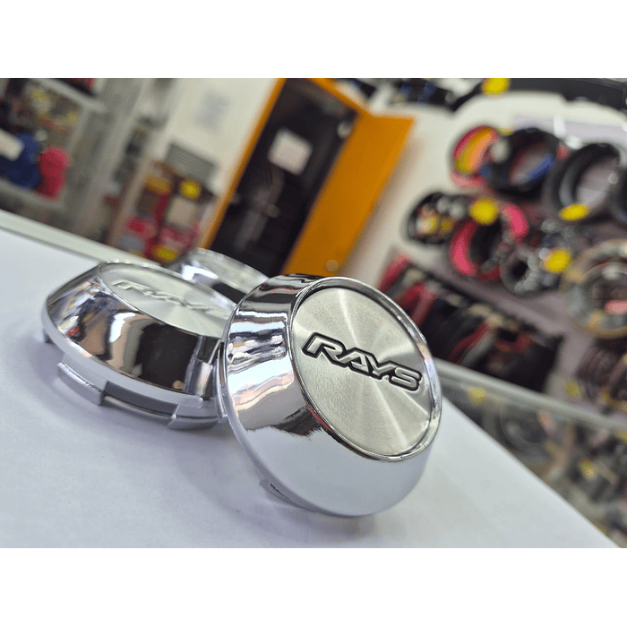 X4 Tapa centro de llantas de auto tunning conica Medida 58mm interior X 60mm exterior marca rays plata letra negra 4