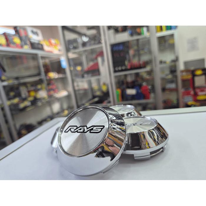 X4 Tapa centro de llantas de auto tunning conica Medida 58mm interior X 60mm exterior marca rays plata letra negra 5