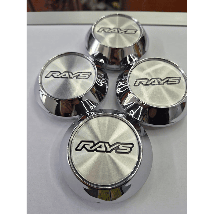 X4 Tapa centro de llantas de auto tunning conica Medida 58mm interior X 60mm exterior marca rays plata letra negra 6