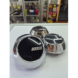 X4 Tapa centro de llantas de auto tunning conica Medida 58mm interior X 60mm exterior marca ssr negra logo plata