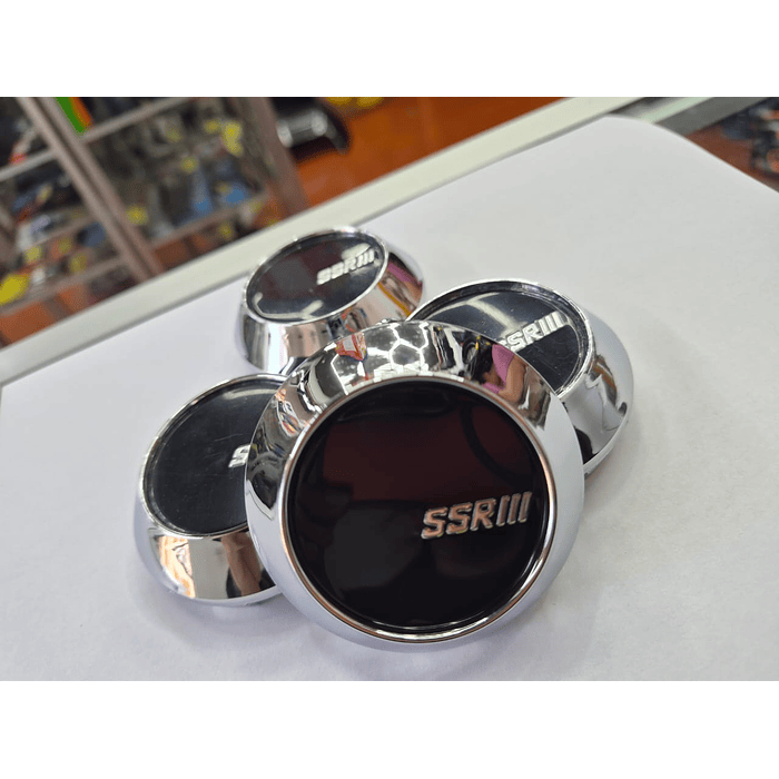 X4 Tapa centro de llantas de auto tunning conica Medida 58mm interior X 60mm exterior marca ssr negra logo plata 2