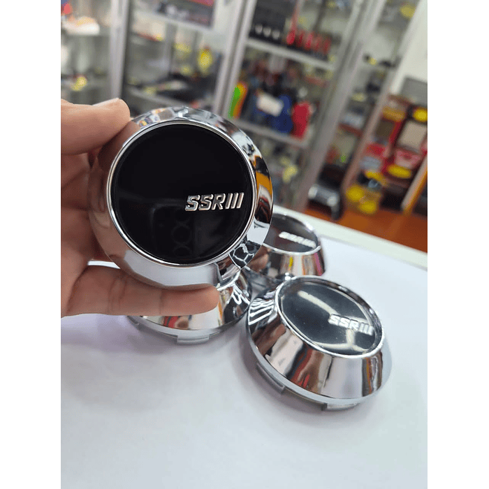 X4 Tapa centro de llantas de auto tunning conica Medida 58mm interior X 60mm exterior marca ssr negra logo plata 3