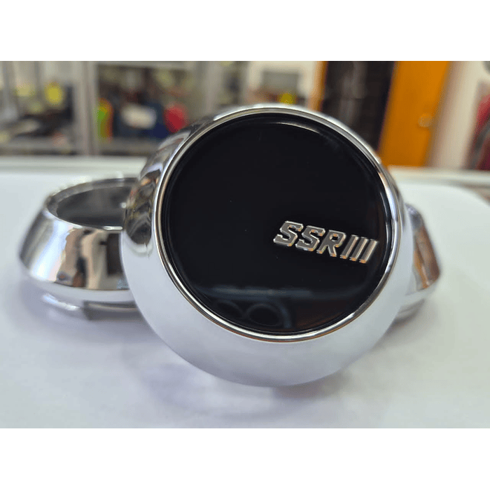 X4 Tapa centro de llantas de auto tunning conica Medida 58mm interior X 60mm exterior marca ssr negra logo plata 4