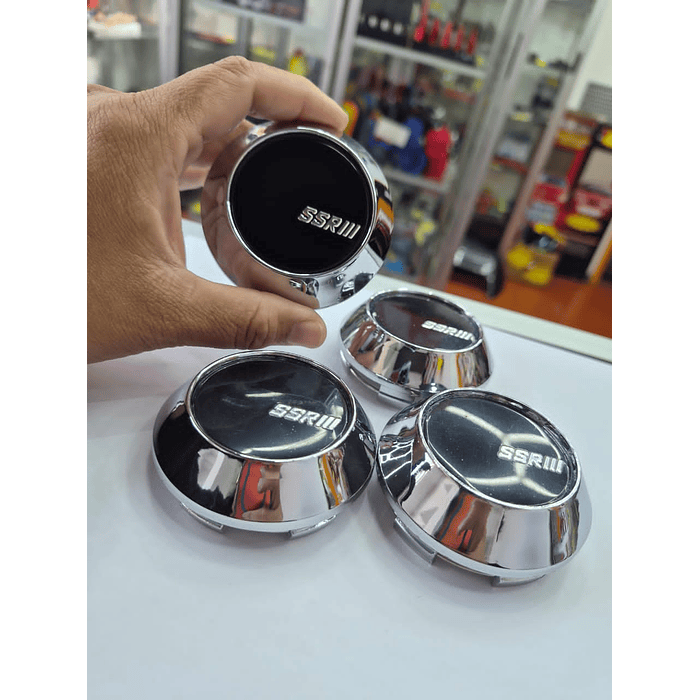 X4 Tapa centro de llantas de auto tunning conica Medida 58mm interior X 60mm exterior marca ssr negra logo plata 6