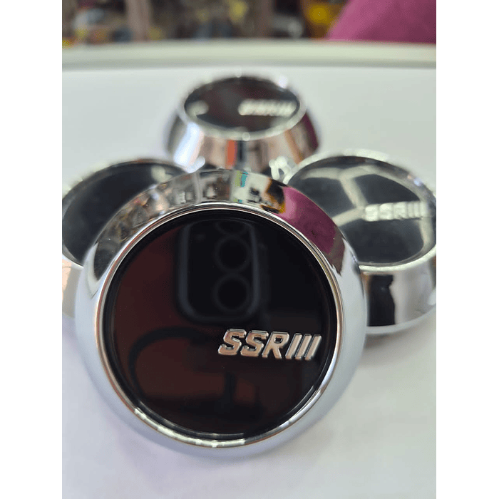 X4 Tapa centro de llantas de auto tunning conica Medida 58mm interior X 60mm exterior marca ssr negra logo plata 7