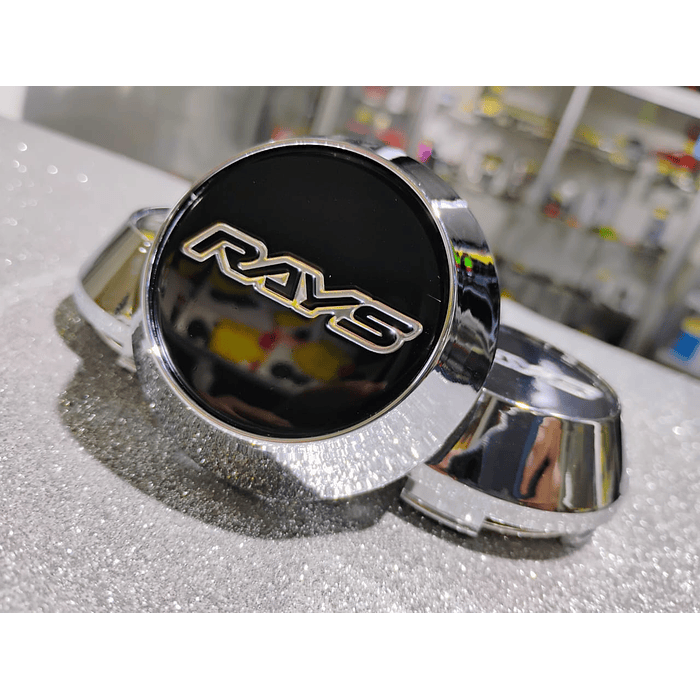 X4 Tapa centro de llantas de auto tunning conica Medida disponible 58mm interior X 60mm exterior marca rays negra letra plata 4