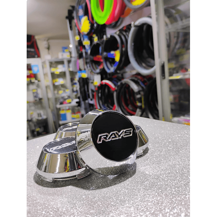 X4 Tapa centro de llantas de auto tunning conica Medida disponible 58mm interior X 60mm exterior marca rays negra letra plata 5