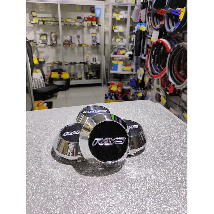 X4 Tapa centro de llantas de auto tunning conica Medida disponible 58mm interior X 60mm exterior marca rays negra letra plata 7