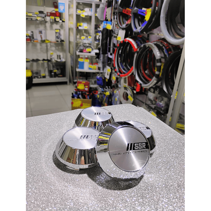 X4 Tapa centro de llantas de auto tunning conica Medidas  58mm interior X 60mm exterior marca ssr plata logo negro con plata  6