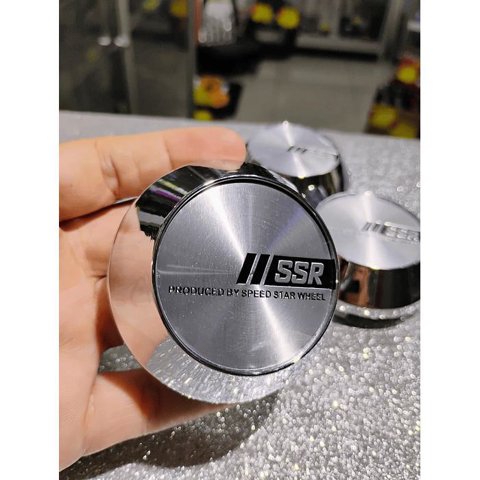 X4 Tapa centro de llantas de auto tunning conica Medidas  58mm interior X 60mm exterior marca ssr plata logo negro con plata  8