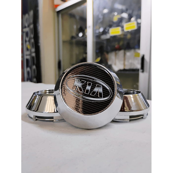 X4 Tapas centro de llantas de auto tunning conica Medidas disponibles 58mm interior X 60mm exterior kia carbono  logo  gris 3