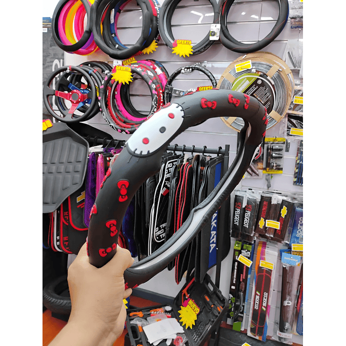 💥OFERTA Remate💥 Forro cubre volantes de autos de goma  anti-resbalante universal medida 38cm Hello Kitty negro con rojo   precio 11.990 6