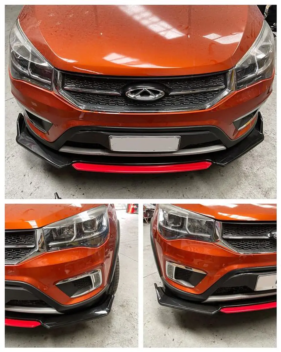 LIP BUMPER / FALDÓN DELANTERO kit de 4 piezas Negro brillante con Rojo 16