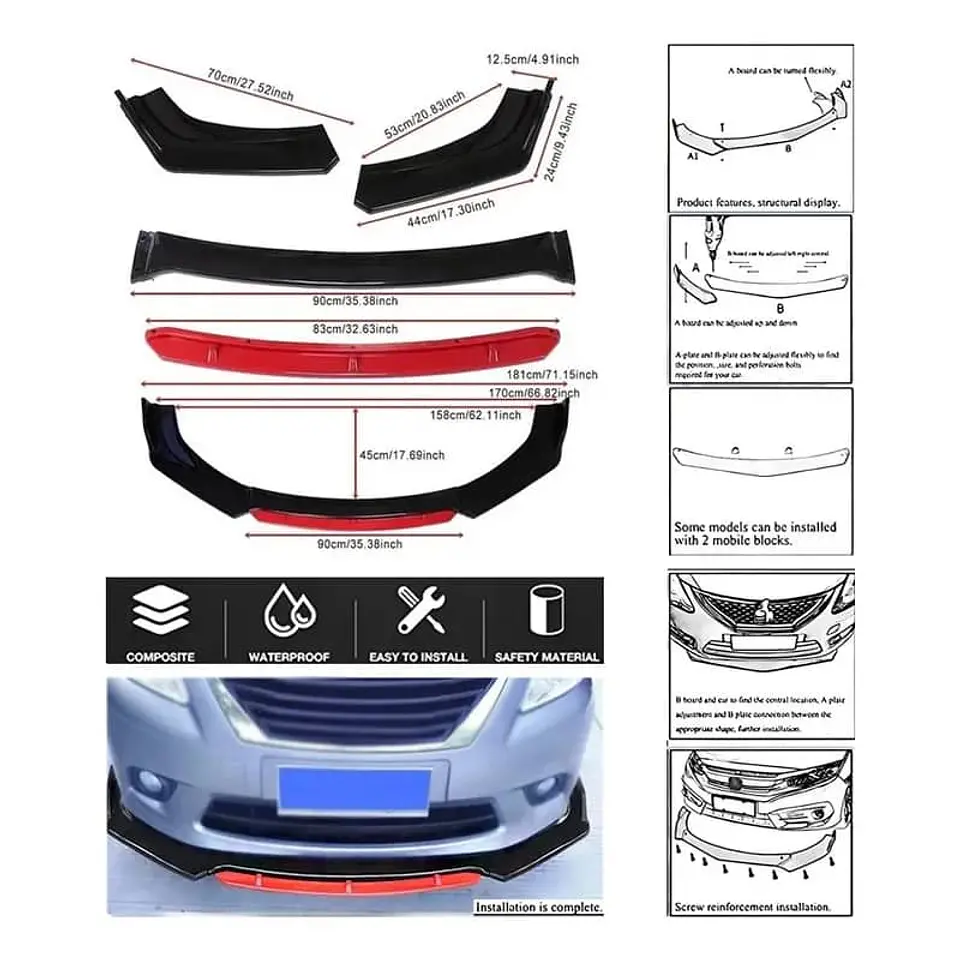 LIP BUMPER / FALDÓN DELANTERO kit de 4 piezas Negro brillante con Rojo 19