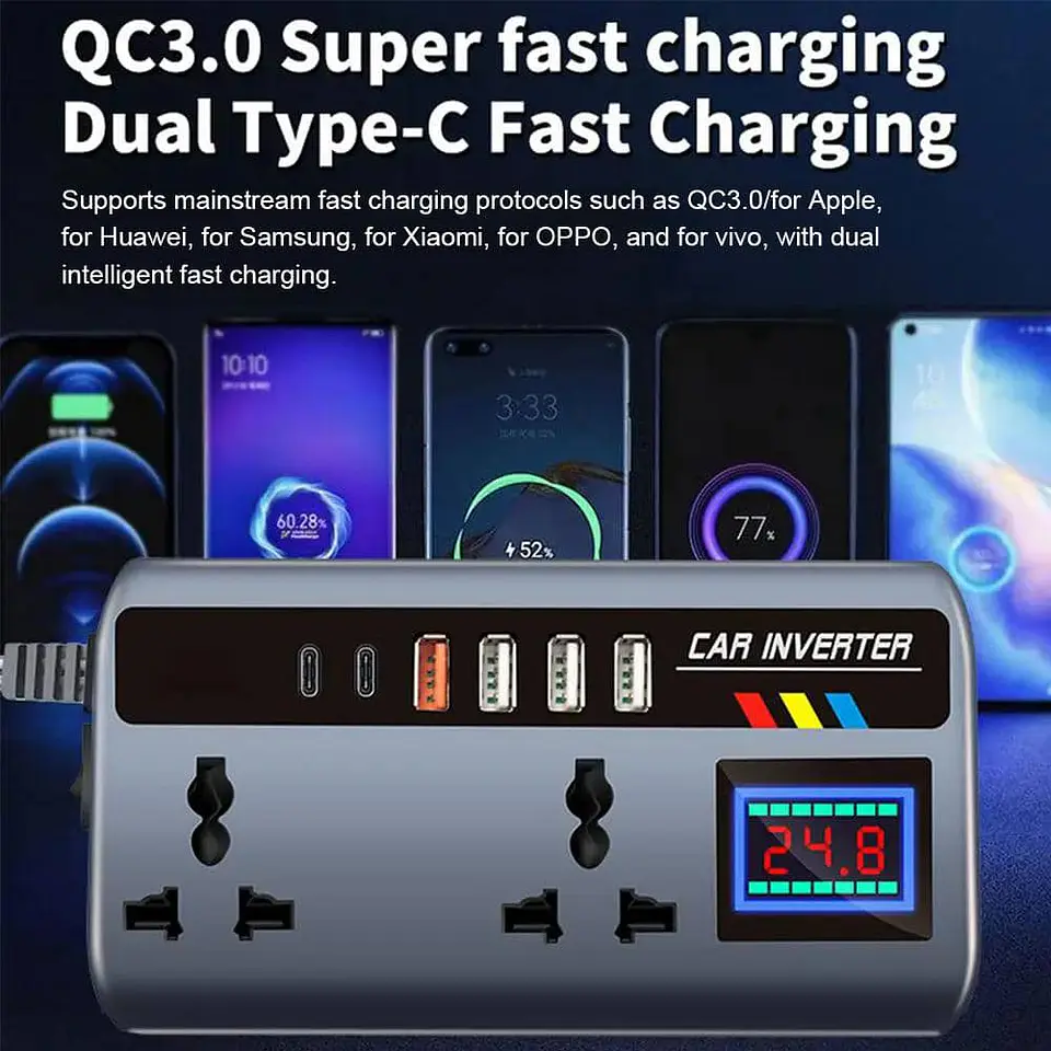Inversor de Corriente para autos 12V/24V a 220V AC 200W 12
