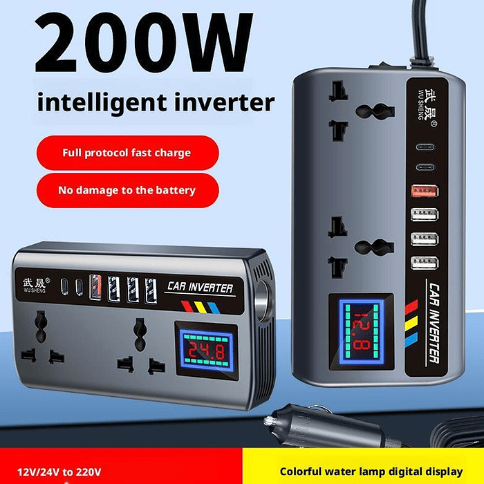 💥 Liquidación total 💥 🚗Inversor de Corriente para autos 12V/24V a 220V AC 200W   16